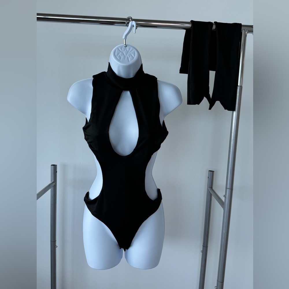 Black Cut Out Bodysuit with Gloves - Finesse